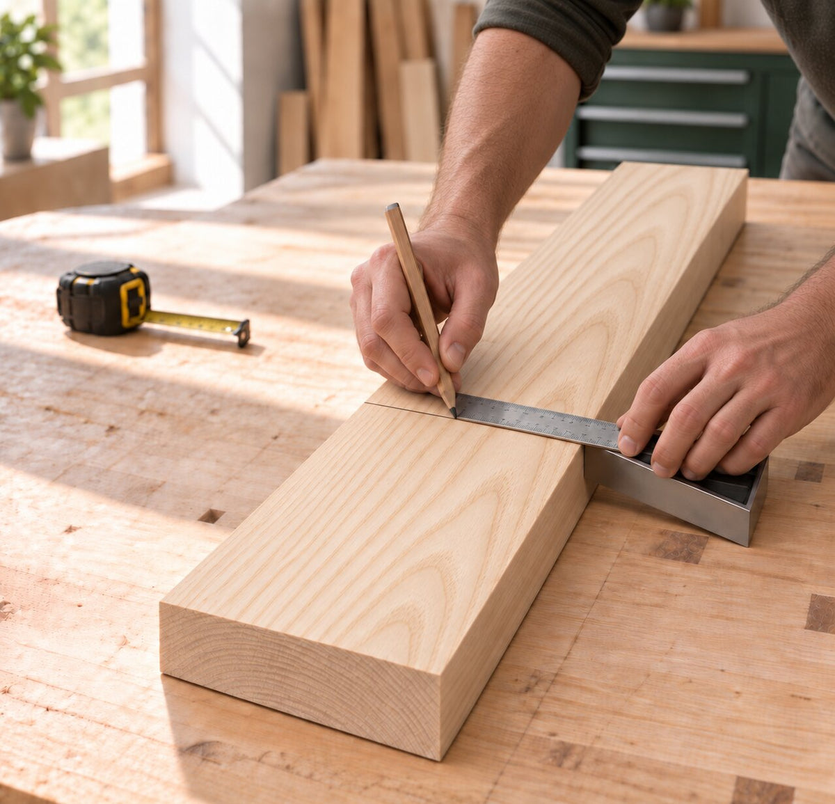 Solid ash board being measured and marked for a woodworking project