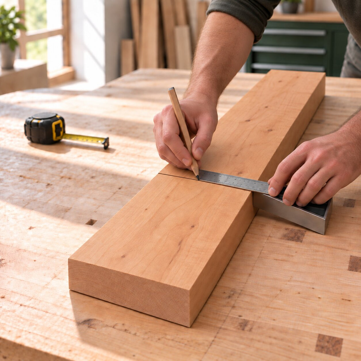 Solid alder board being measured and marked for a woodworking project