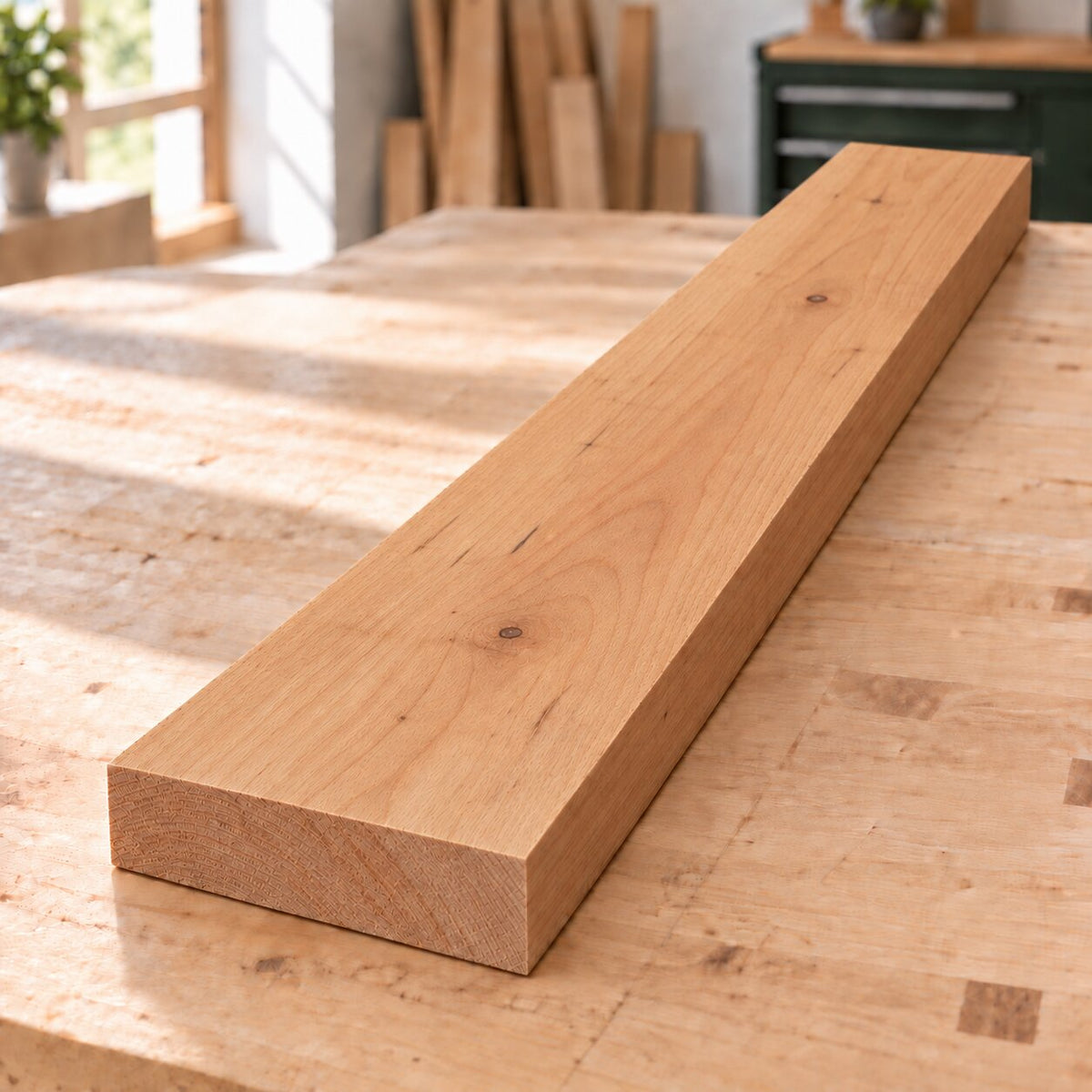 Planed solid alder board on a woodworking bench