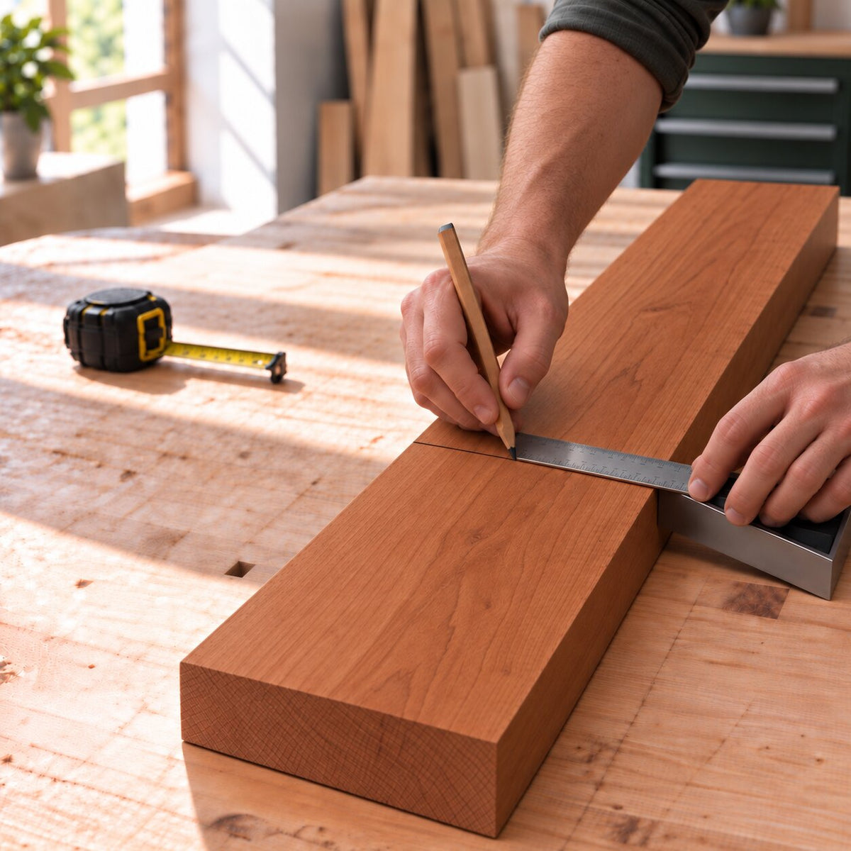 Solid American cherry board being measured and marked for a woodworking project