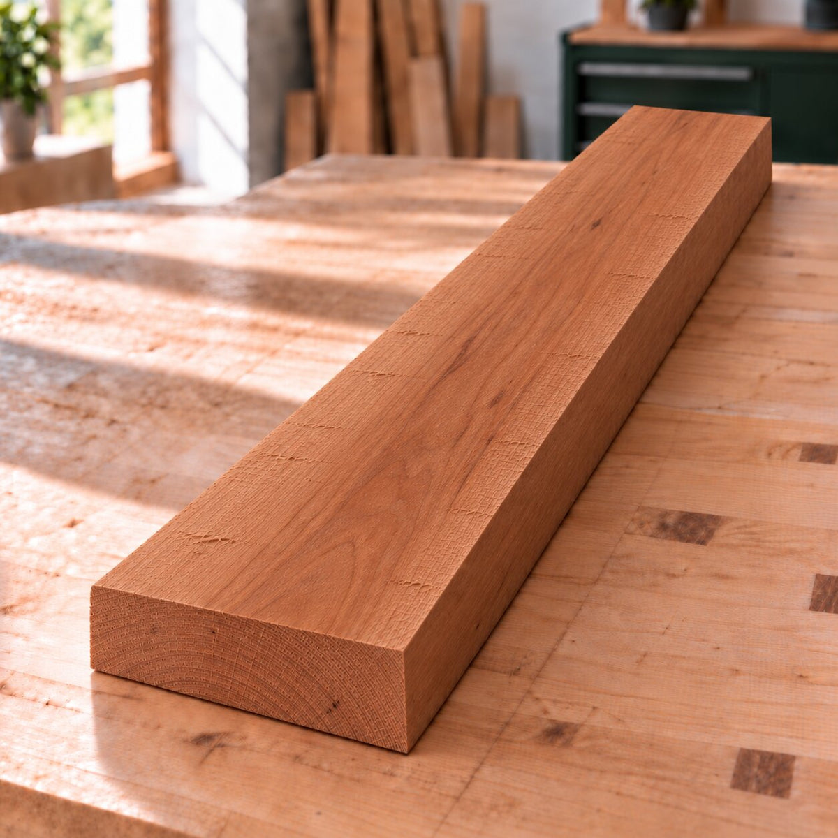 Rough-sawn solid American cherry board with rich warm colour and fine natural grain