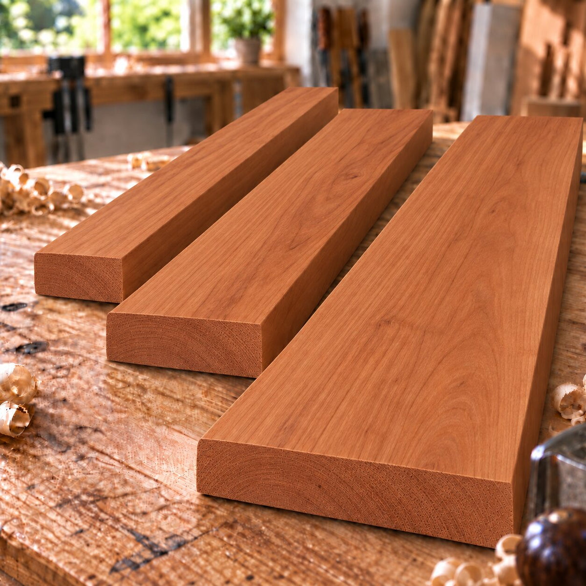 Solid American cherry boards in three different widths on a woodworking bench