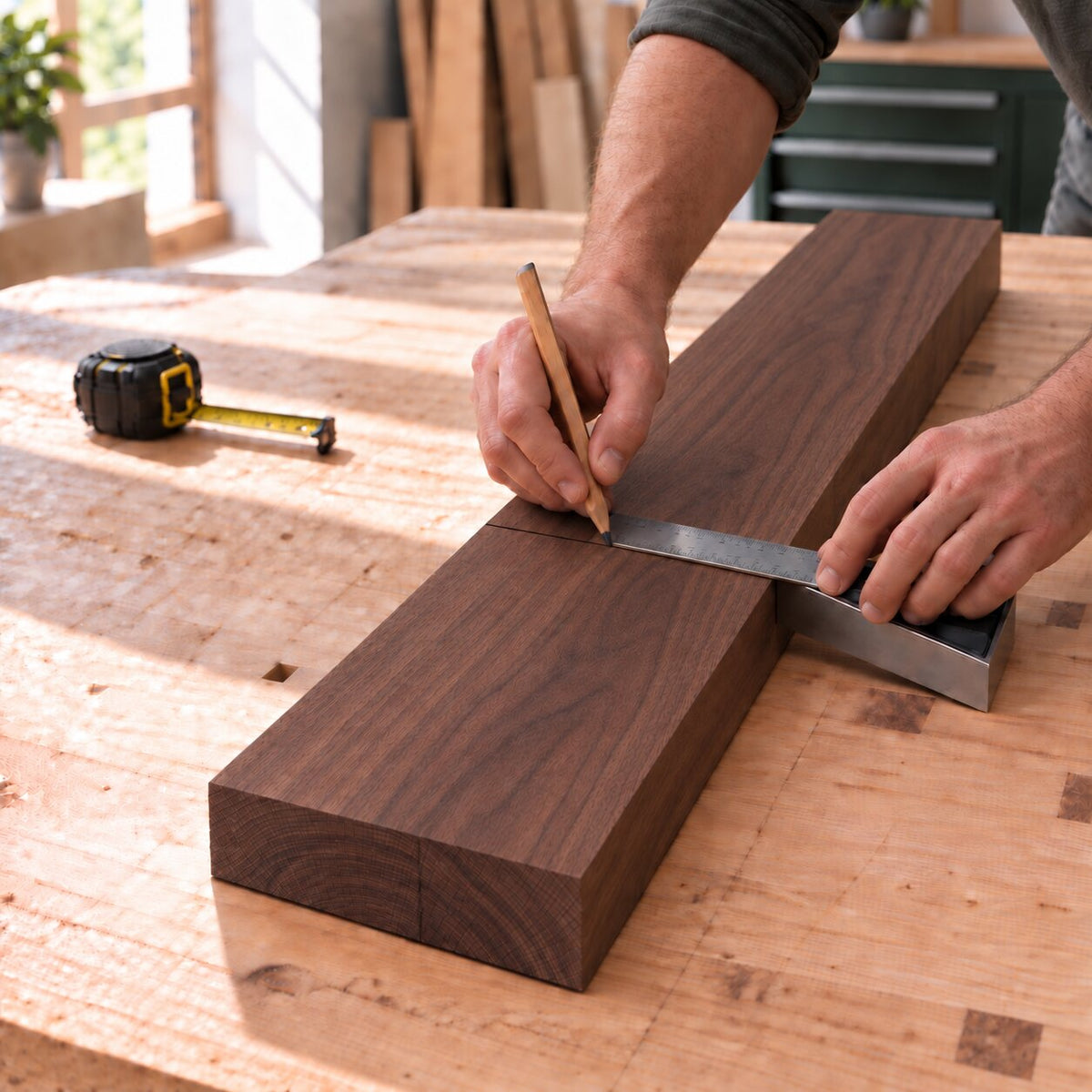 Solid American walnut board being measured and marked for a woodworking project