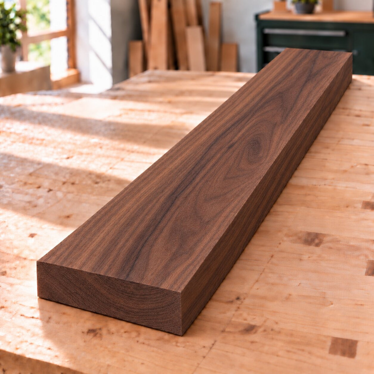Planed solid American walnut board with deep chocolate-brown colour and elegant natural grain