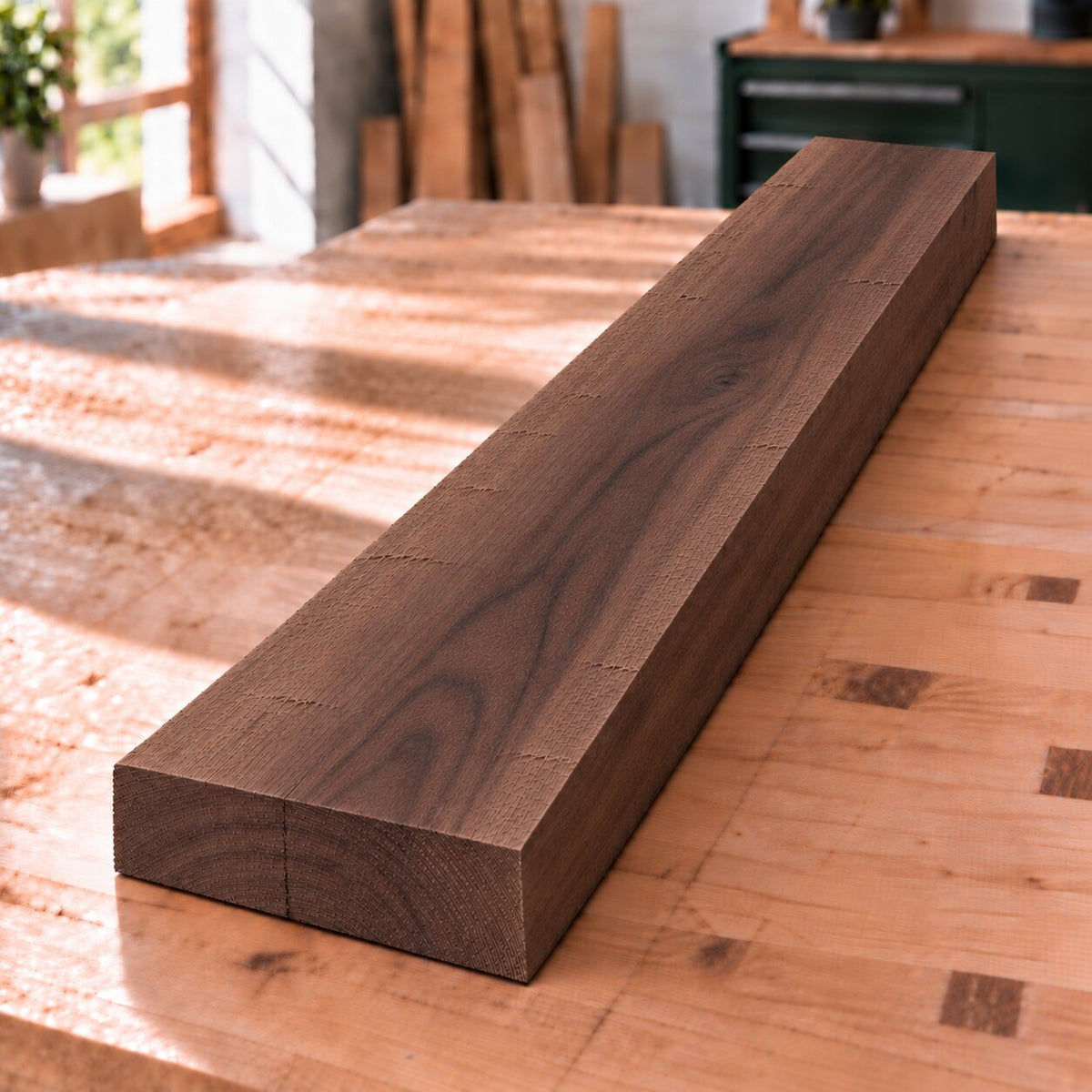 Rough-sawn solid American walnut board with dark brown colour and natural walnut grain