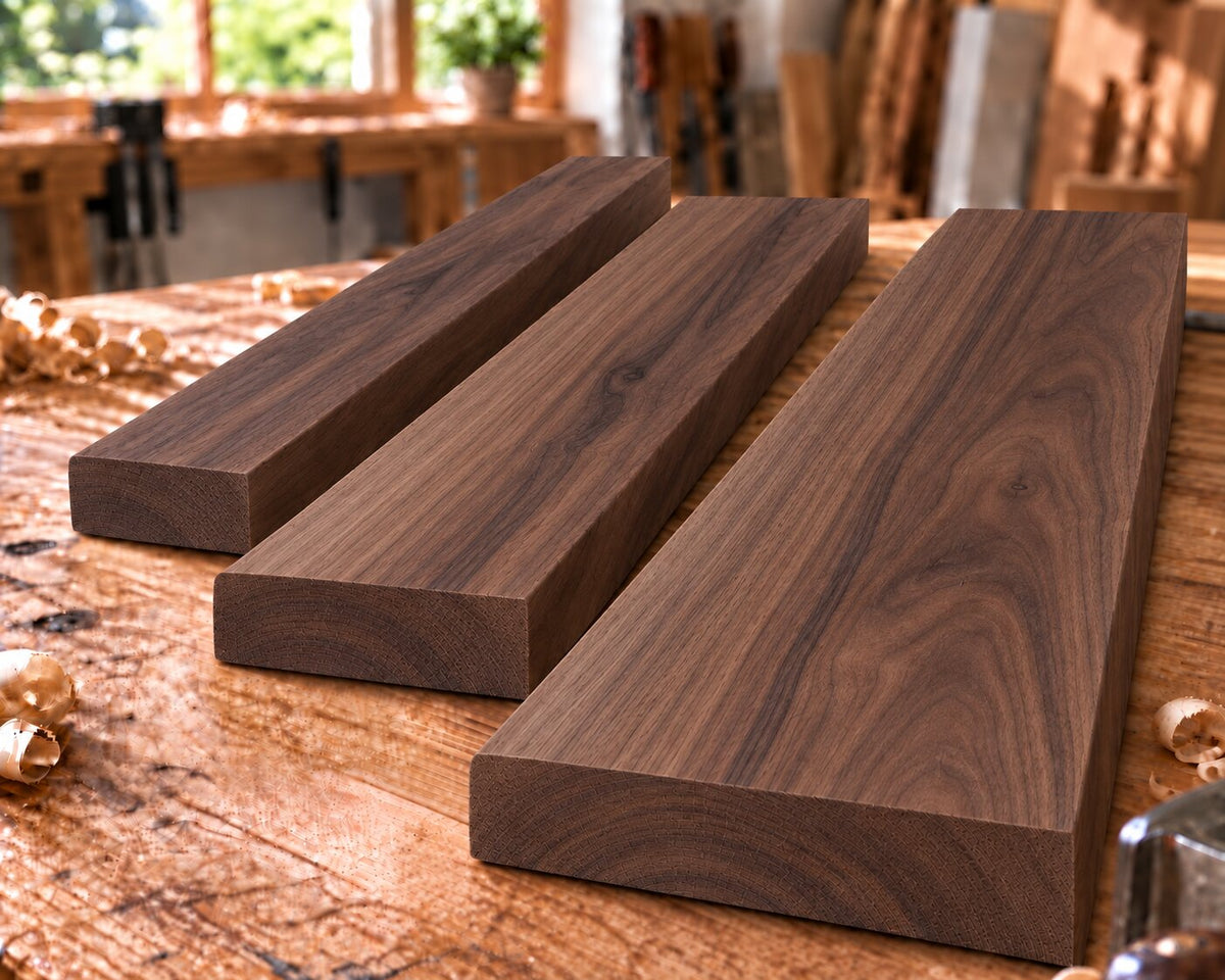 Solid American walnut boards in three different widths on a woodworking bench