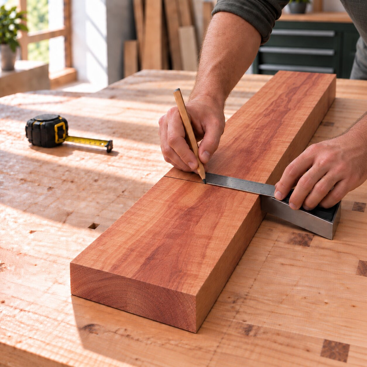 Solid apple wood board being measured and marked for a woodworking project