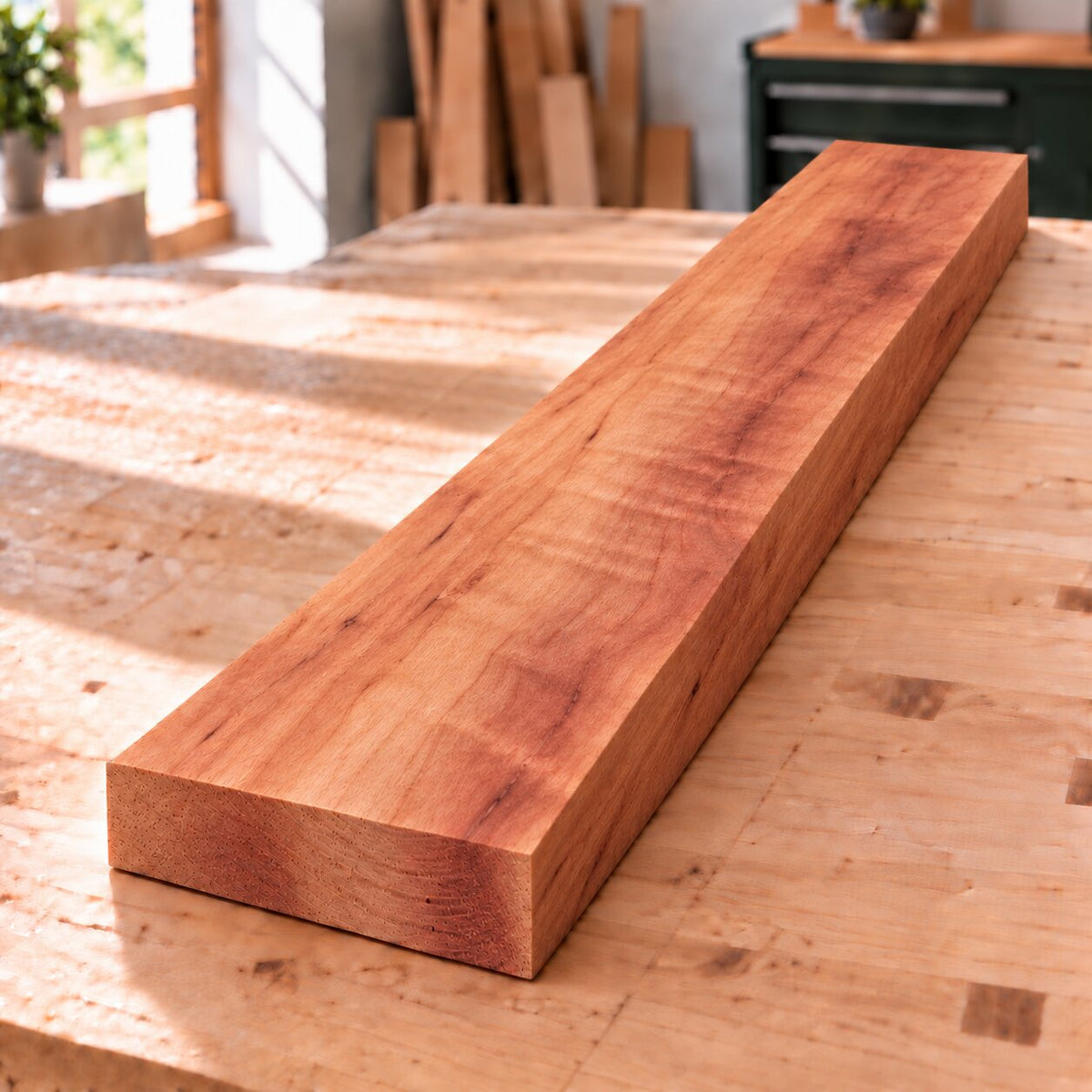 Planed solid apple wood board on a woodworking bench