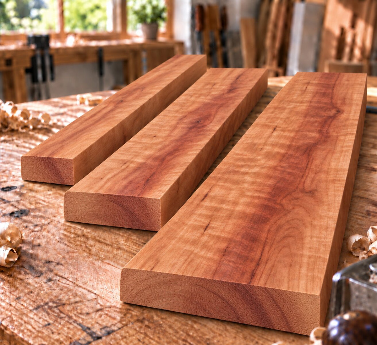 Solid apple wood boards in three different widths on a woodworking bench