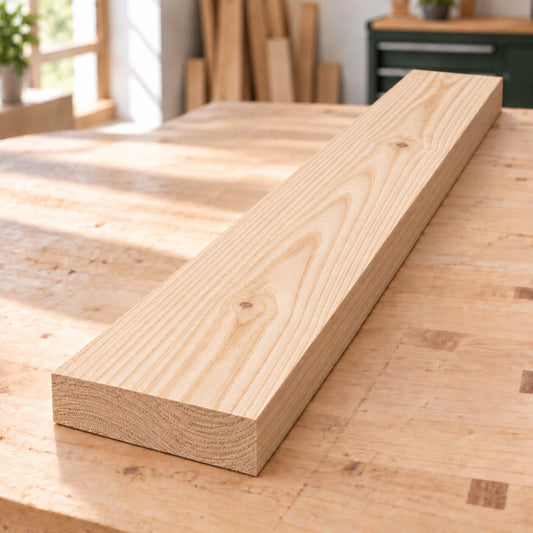 Planed solid ash board on a woodworking bench