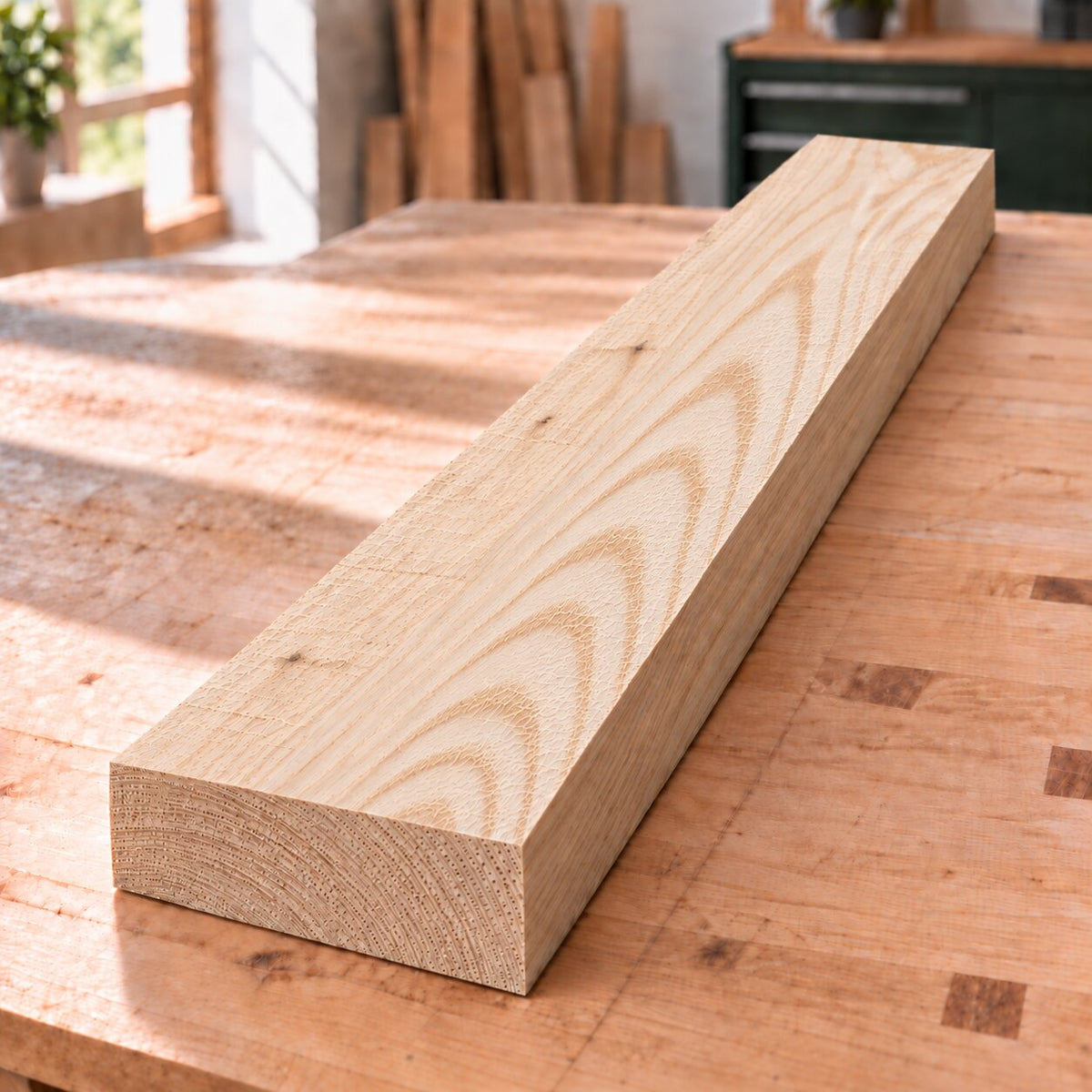 Rough-sawn solid ash board on a woodworking bench