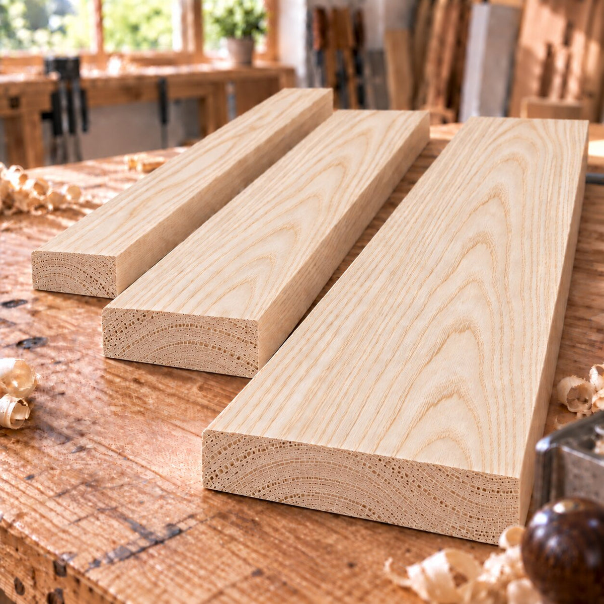 Solid ash boards in three different widths on a woodworking bench