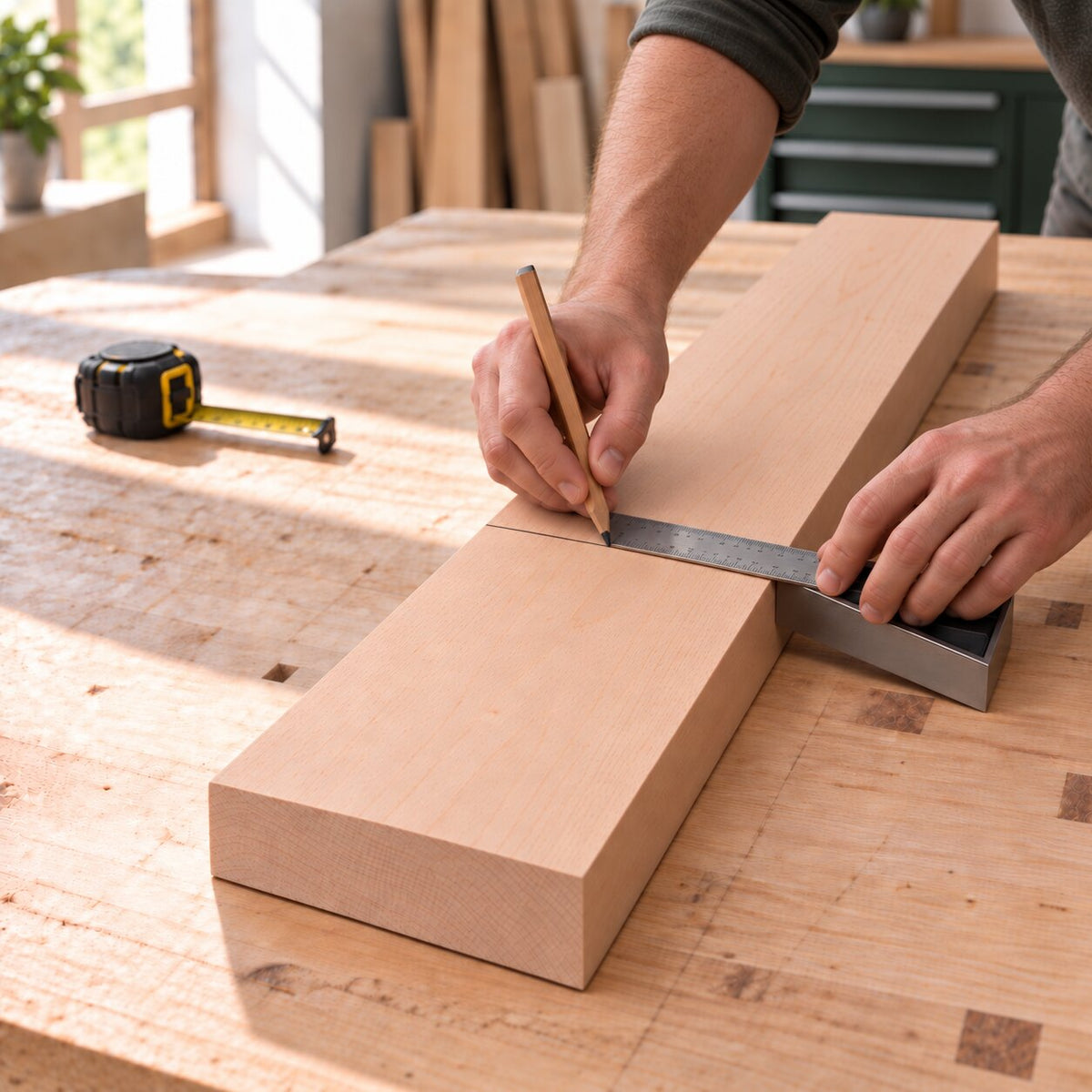Solid beech board being measured and marked for a woodworking project