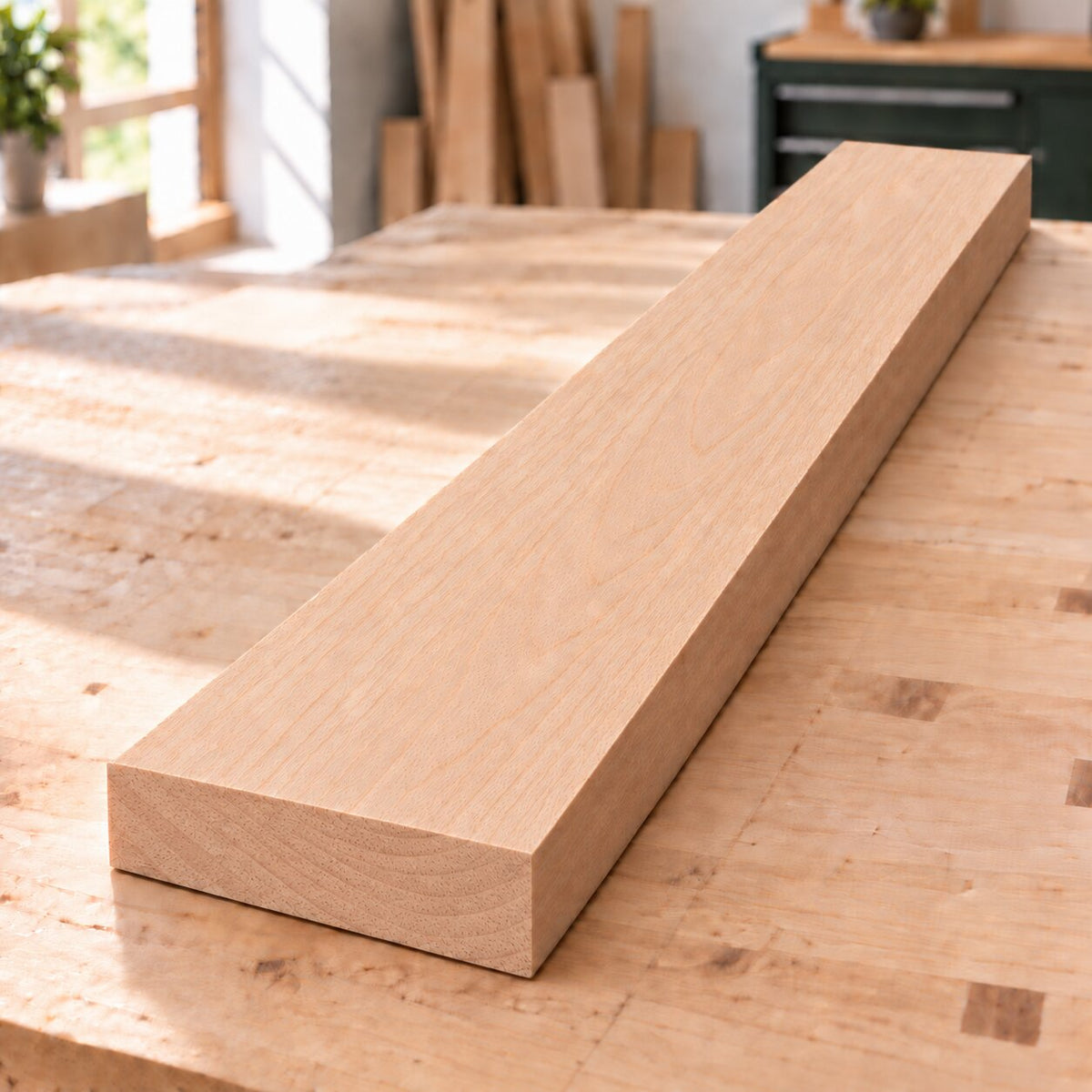 Planed solid beech board on a woodworking bench