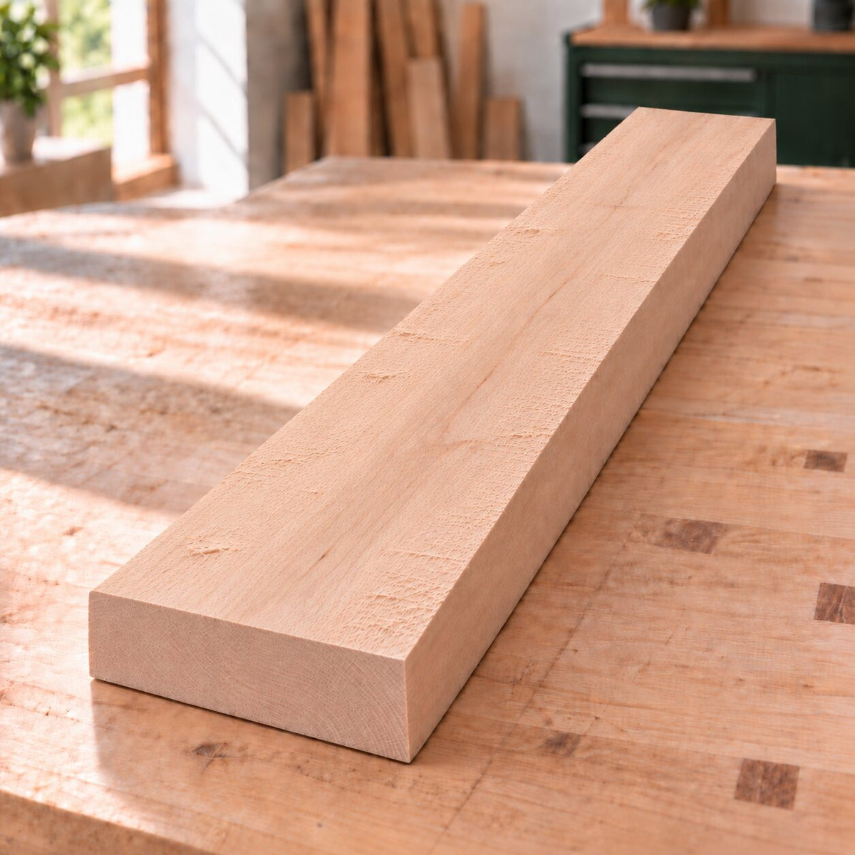 Rough-sawn solid beech board on a woodworking bench
