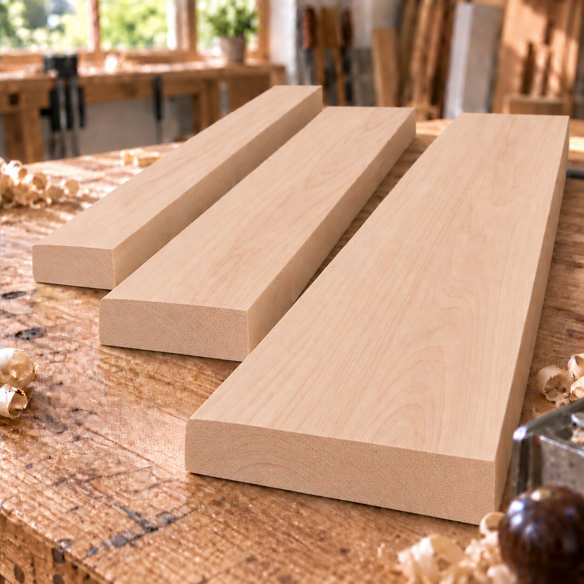 Solid beech boards in three different widths on a woodworking bench