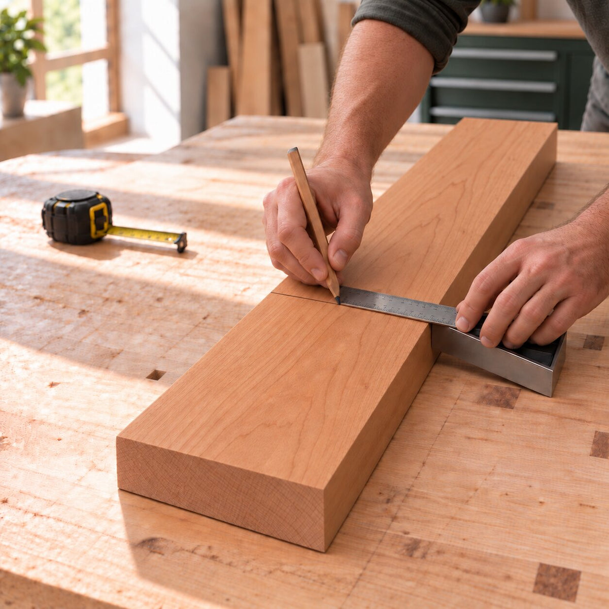 Solid European cherry board being measured and marked for a woodworking project