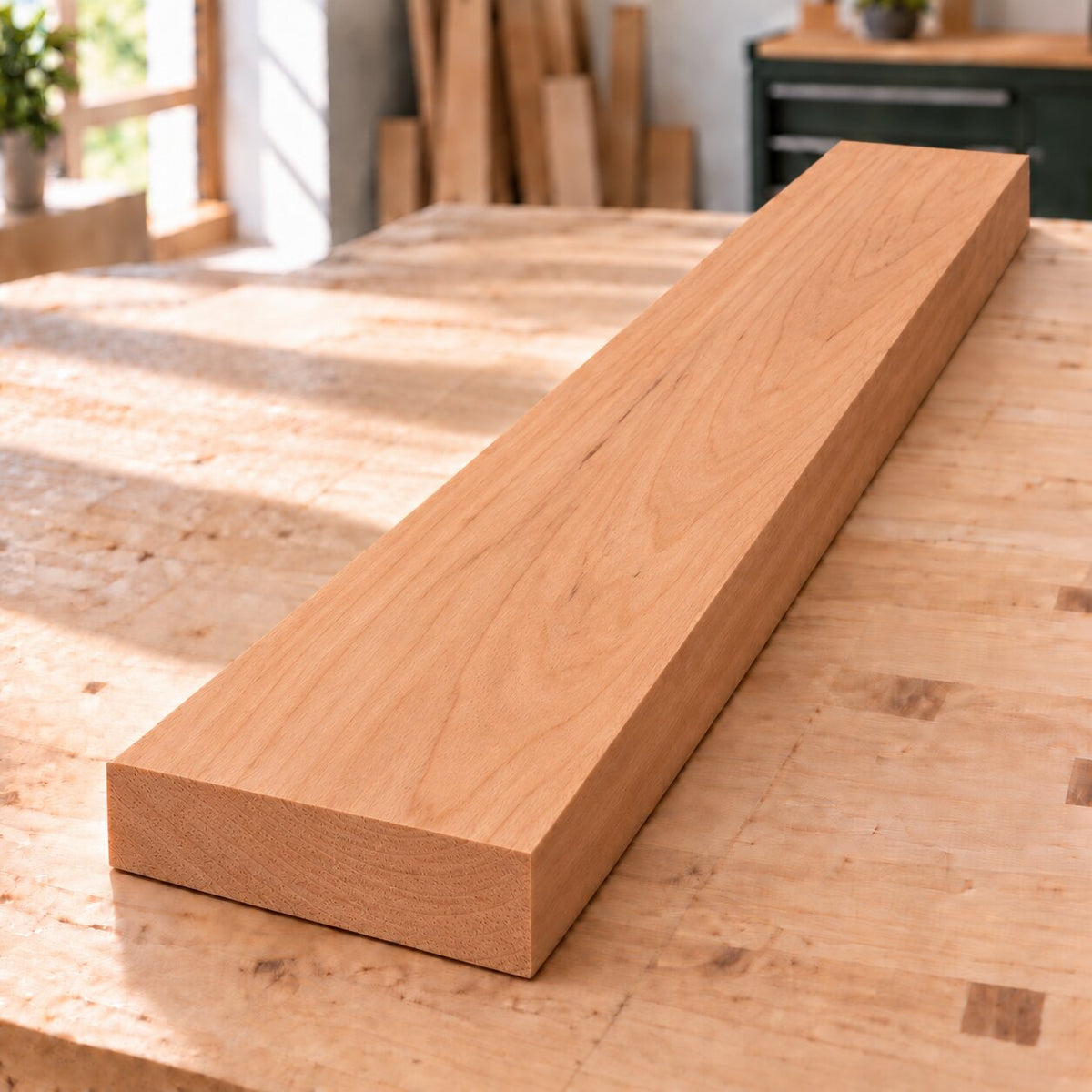 Planed solid European cherry board with warm reddish-brown tone and fine natural grain