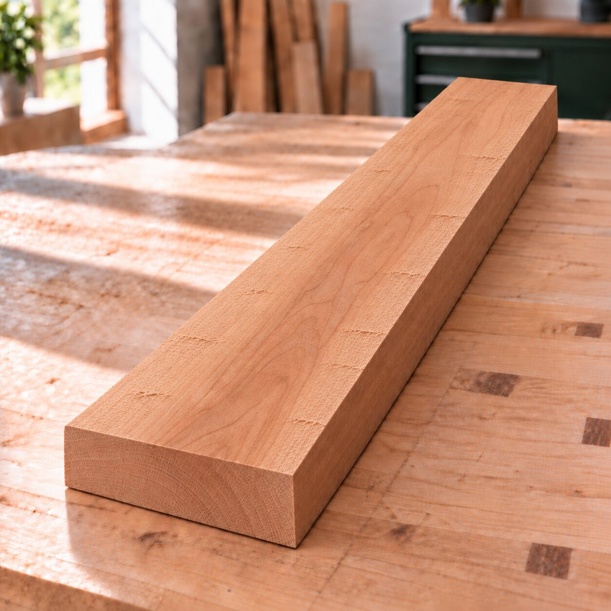 Rough-sawn solid European cherry board with warm colour and fine natural grain