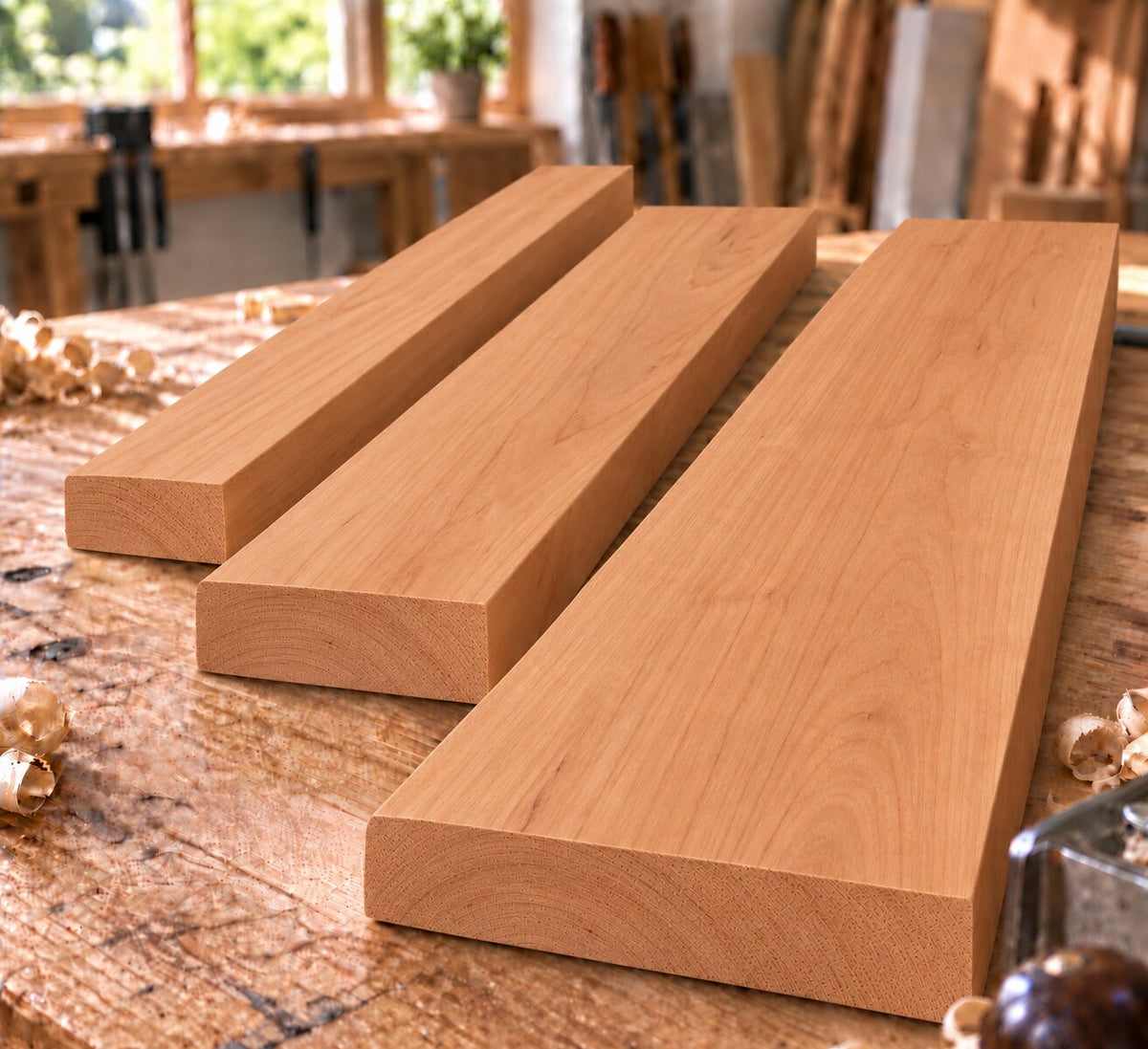 Solid European cherry boards in three different widths on a woodworking bench