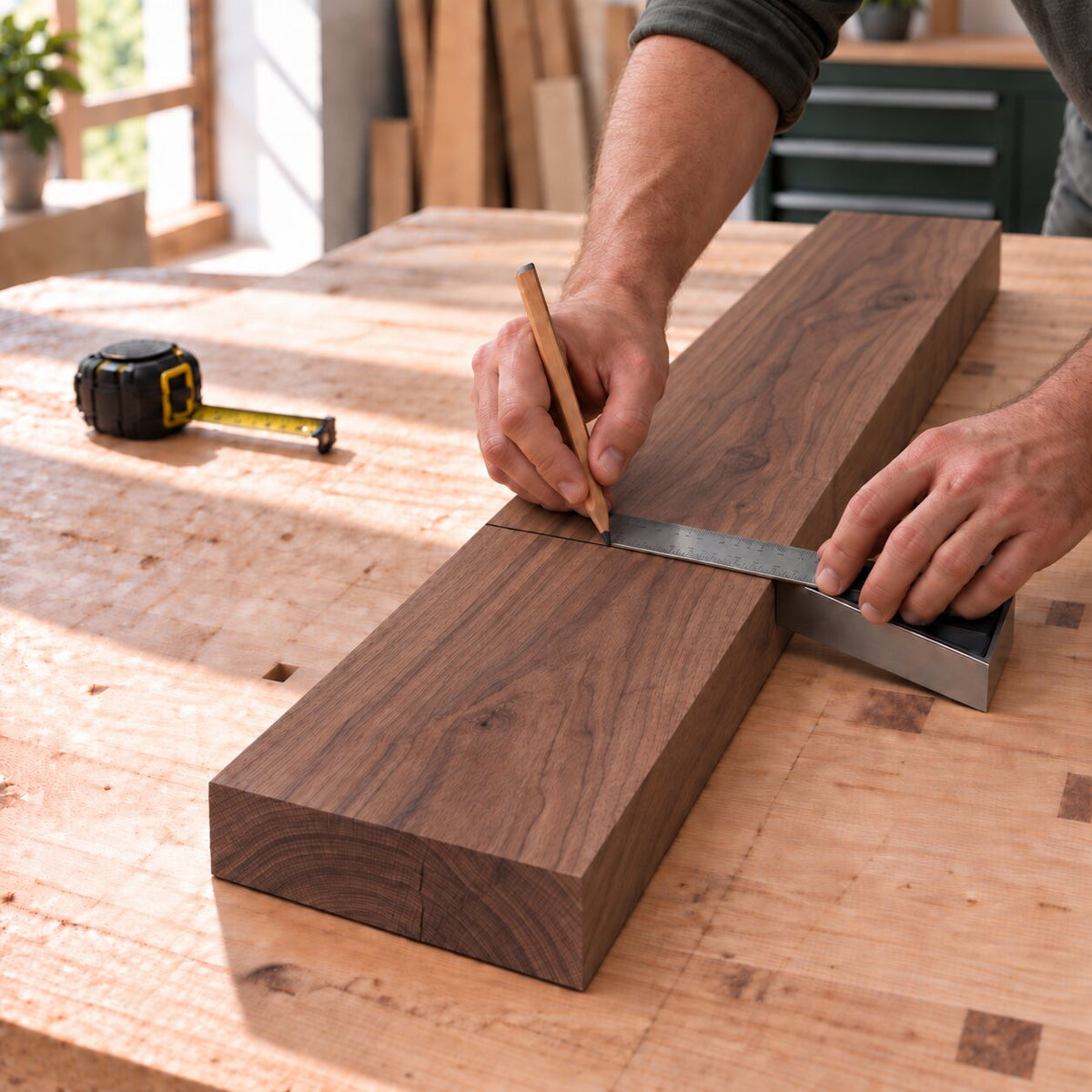Solid European walnut board being measured and marked for a woodworking project