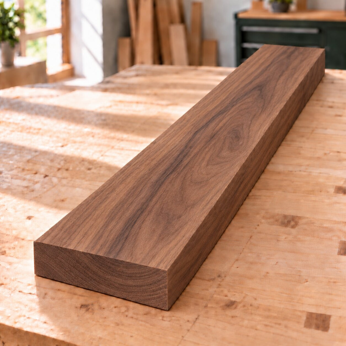 Planed solid European walnut board with warm brown tones and lively natural grain