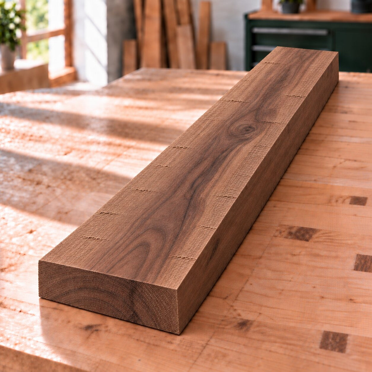 Rough-sawn solid European walnut board with warm brown colour and darker natural grain