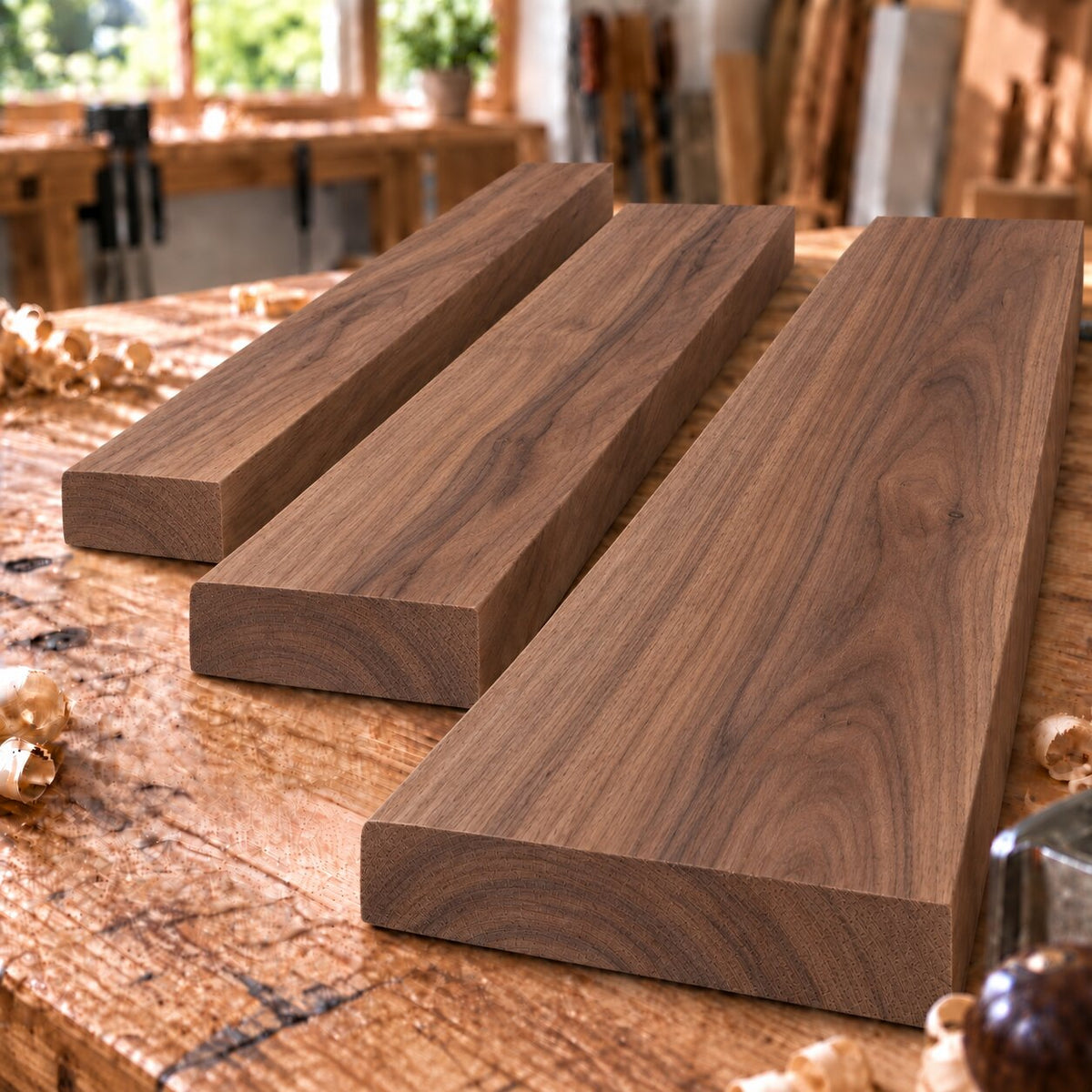Solid European walnut boards in three different widths on a woodworking bench