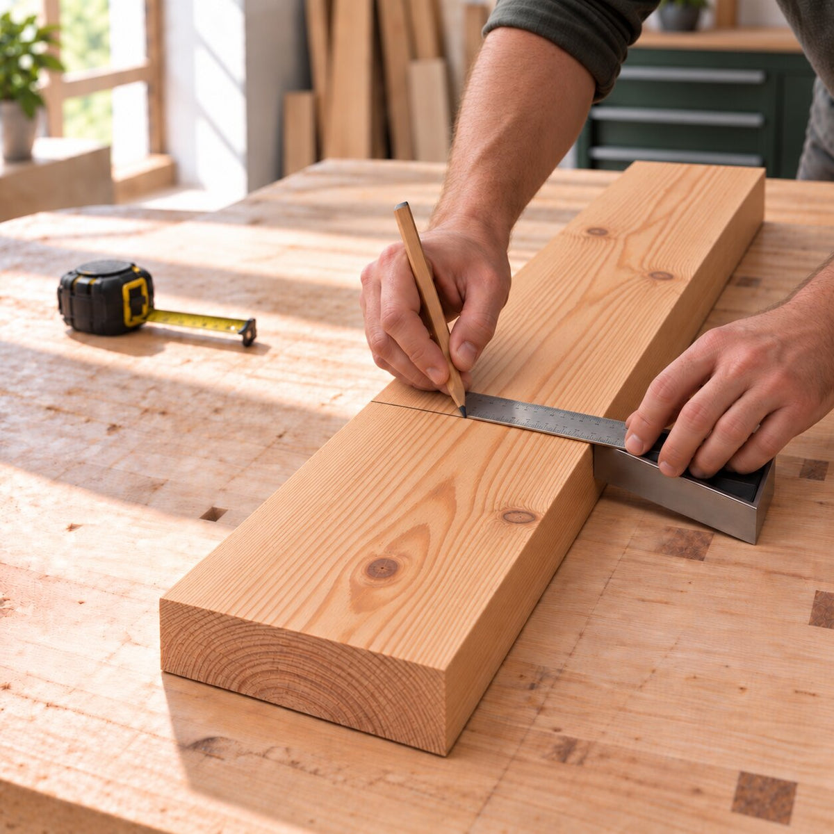 Solid larch board being measured and marked for a woodworking project