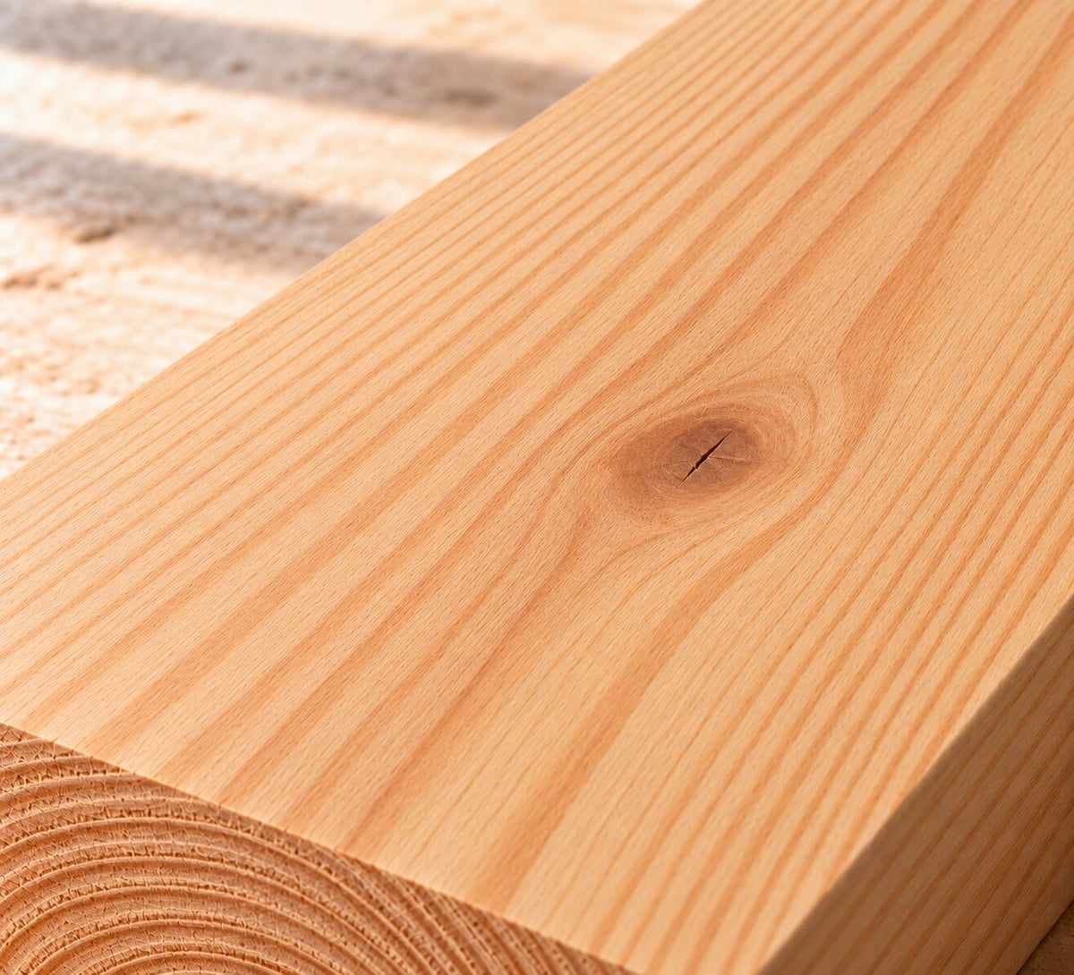 Close-up of solid larch board showing pronounced grain, warm golden tones and a natural knot