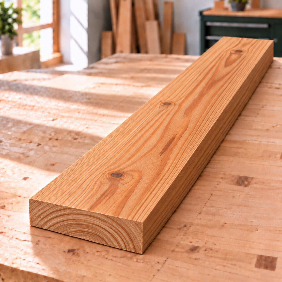 Planed solid larch board with warm golden colour, pronounced grain and natural knots