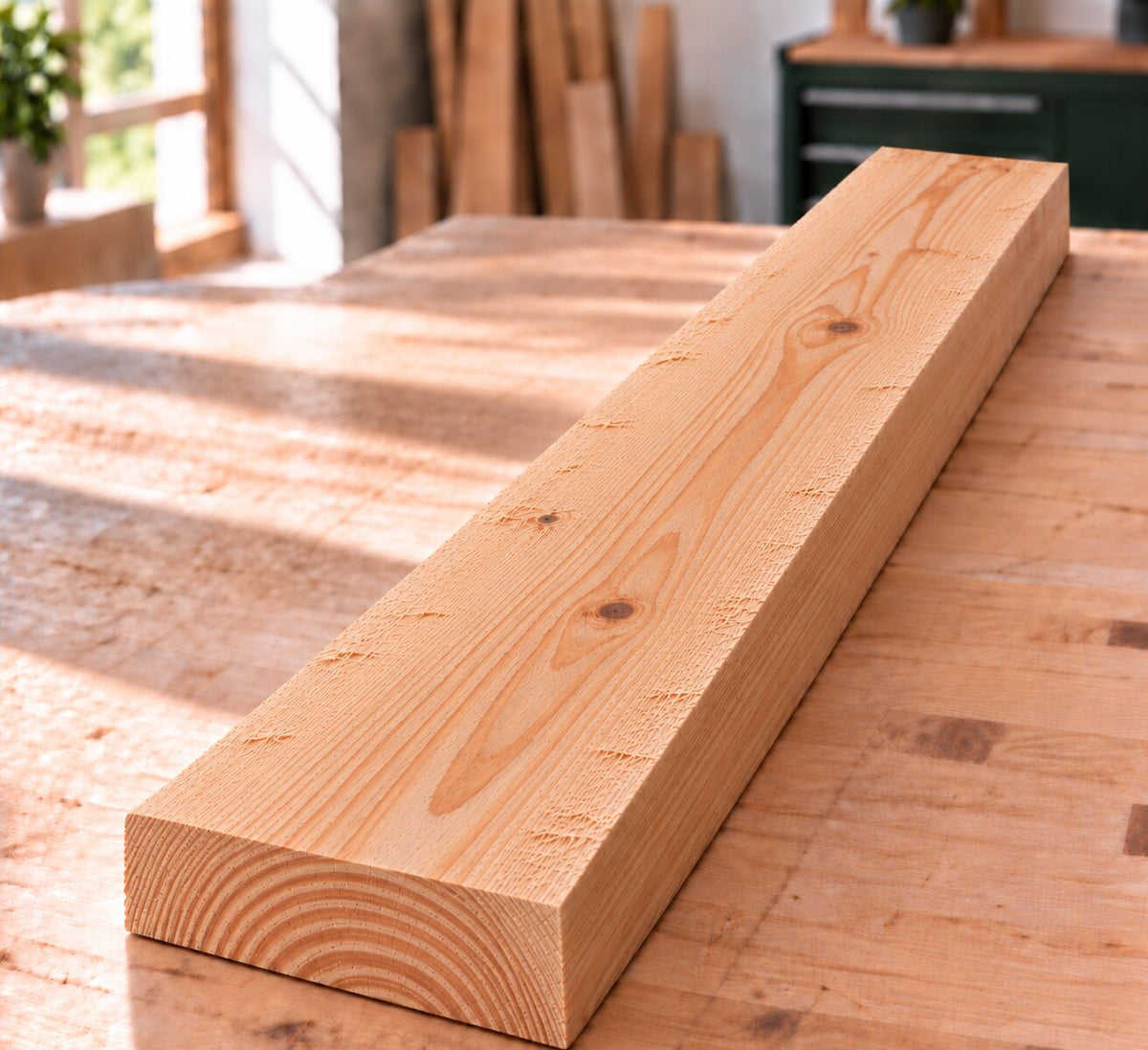 Rough-sawn solid larch board with pronounced growth-ring grain and natural knots