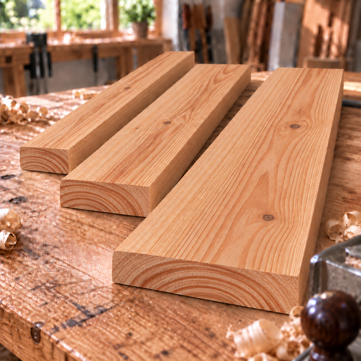 Solid larch boards in three different widths on a woodworking bench
