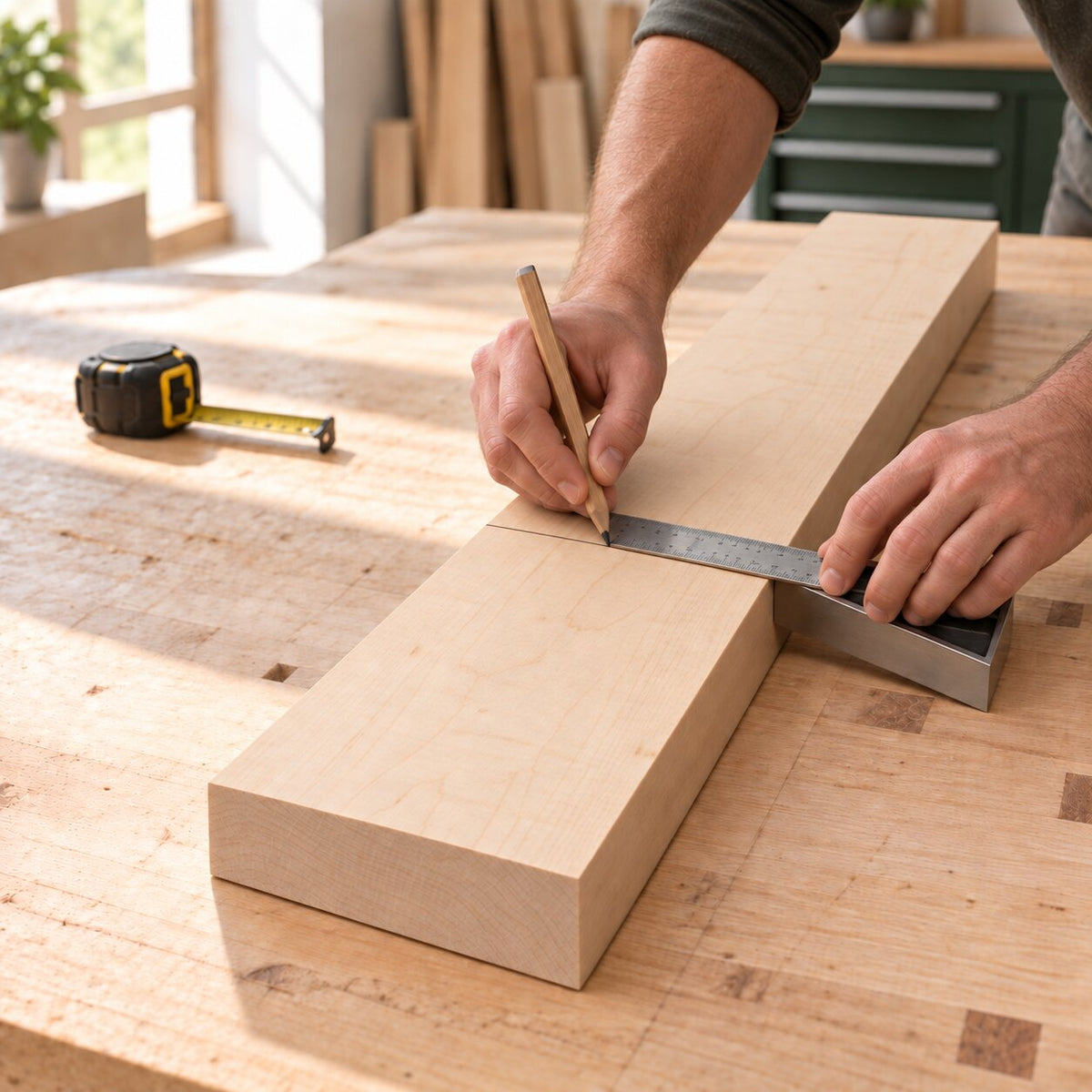 Solid maple board being measured and marked for a woodworking project