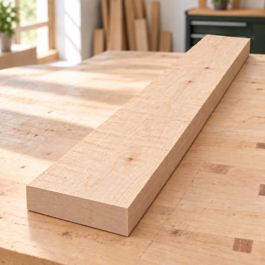 Planed solid maple board on a woodworking bench