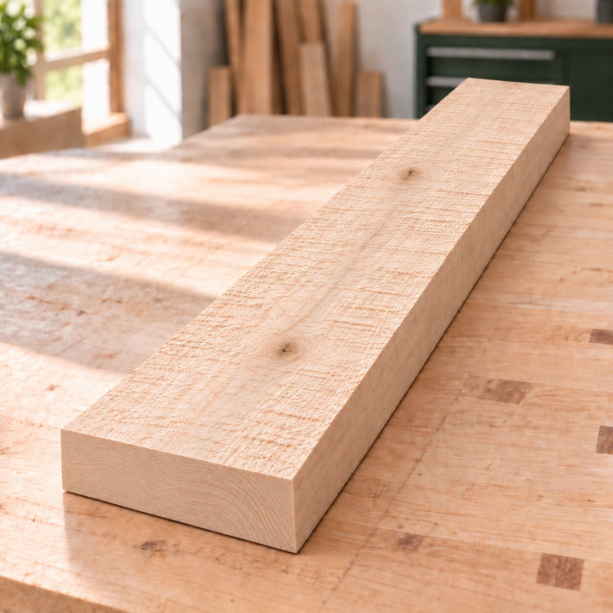 Rough-sawn solid maple board on a woodworking bench