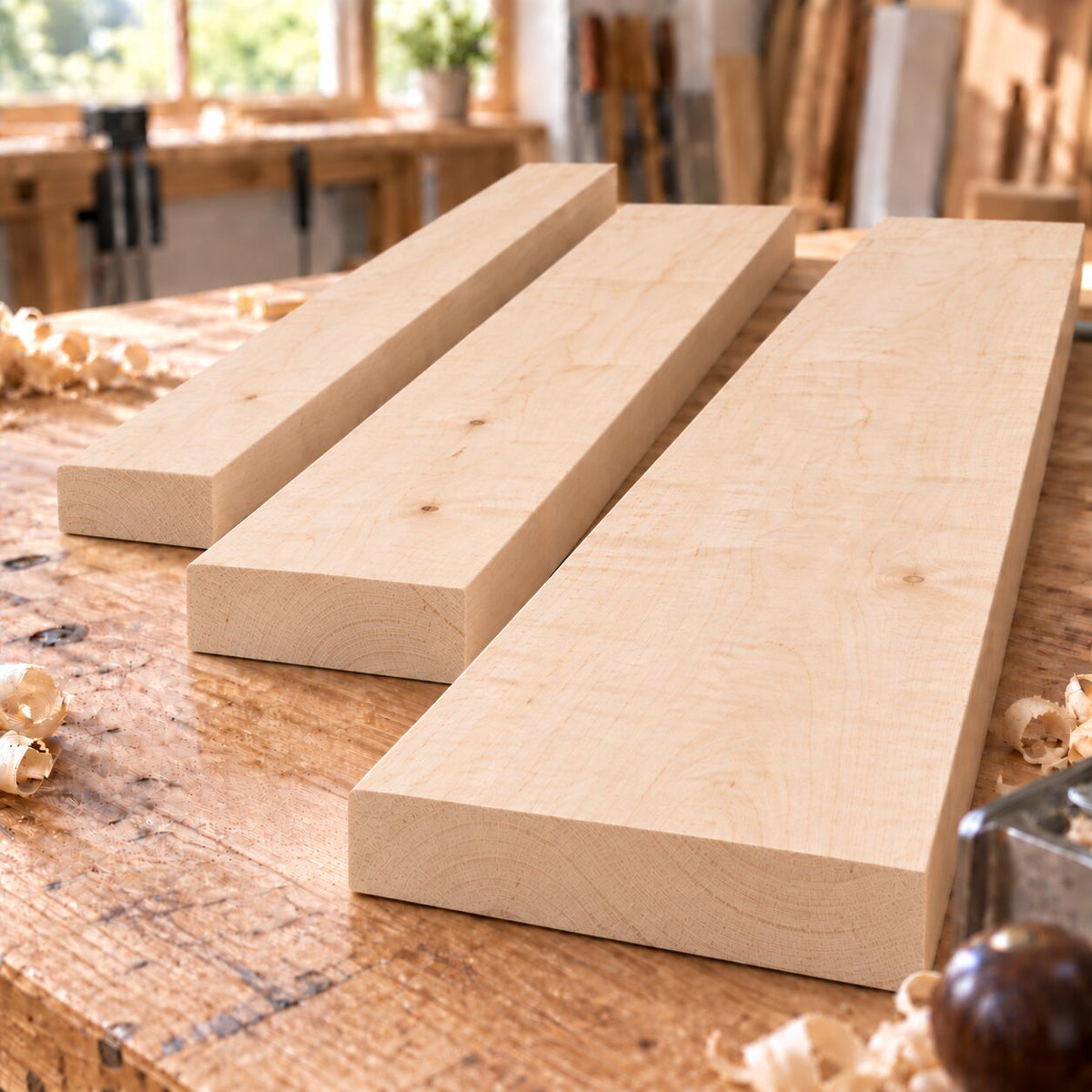 Solid maple boards in three different widths on a woodworking bench