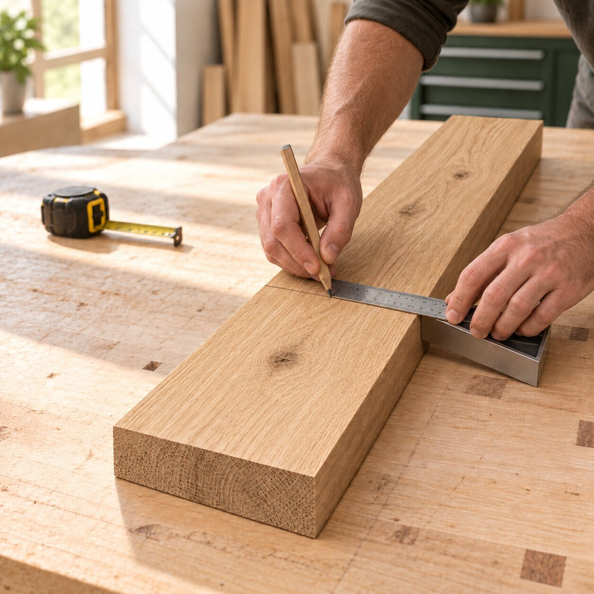 Solid oak board being measured and marked for a woodworking project