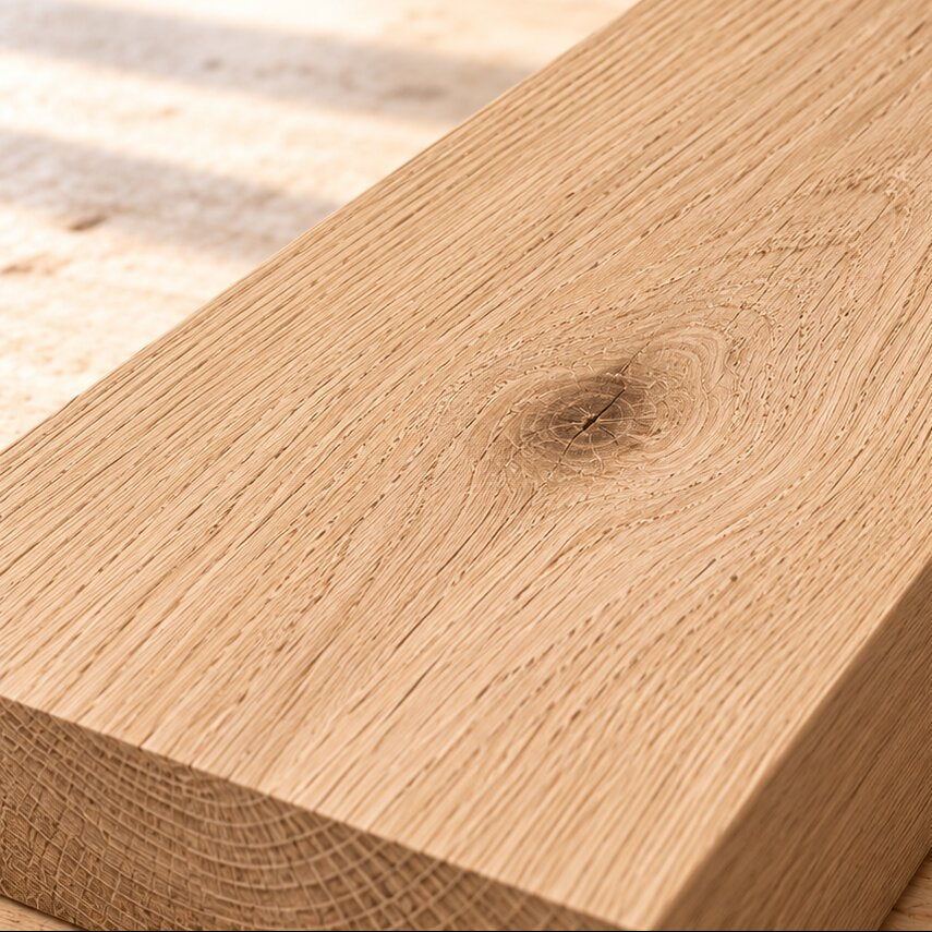 Close-up of the natural grain and pores of a solid European oak board