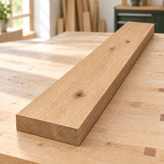 Planed solid oak board on a woodworking bench