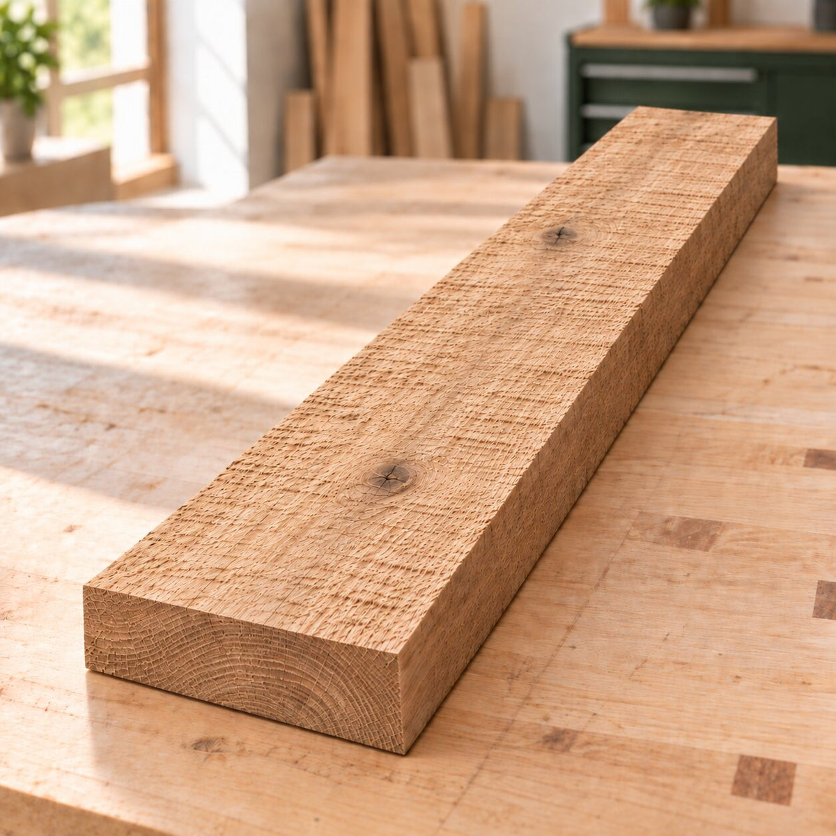 Rough-sawn solid oak board for woodworking and DIY projects