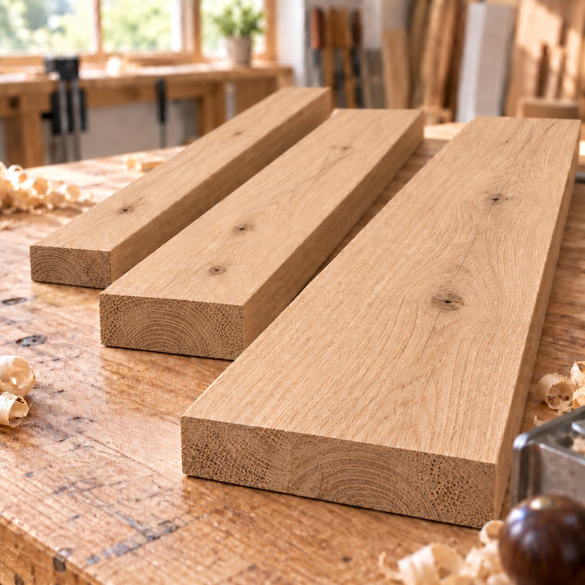 Solid oak boards in three different widths on a woodworking bench