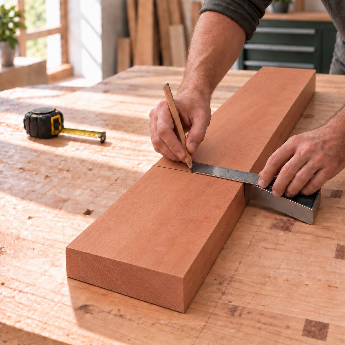 Solid pear wood board being measured and marked for a woodworking project