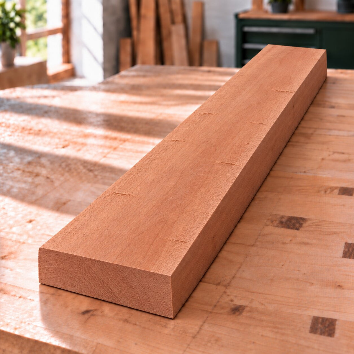 Rough-sawn solid pear wood board on a woodworking bench