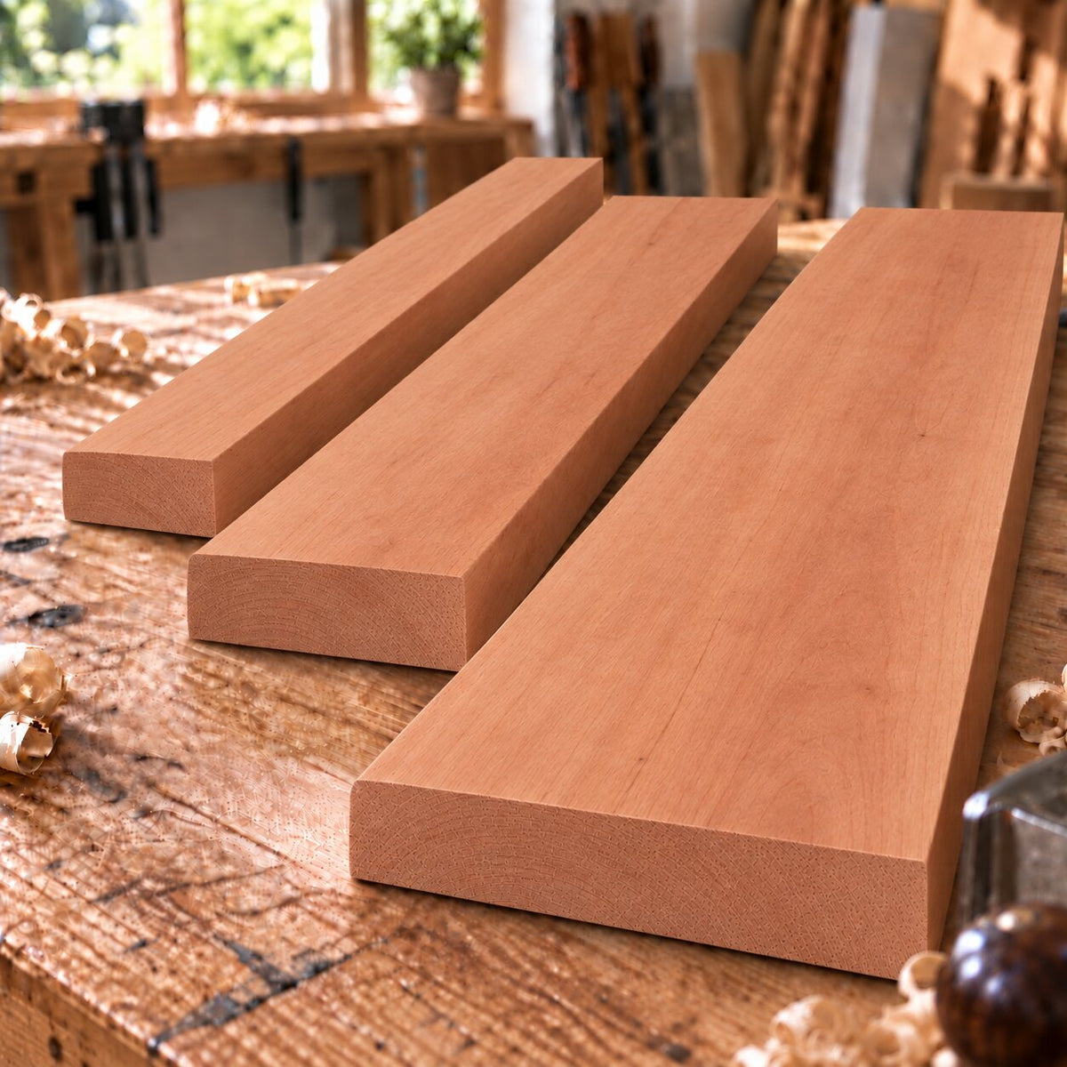 Solid pear wood boards in three different widths on a woodworking bench