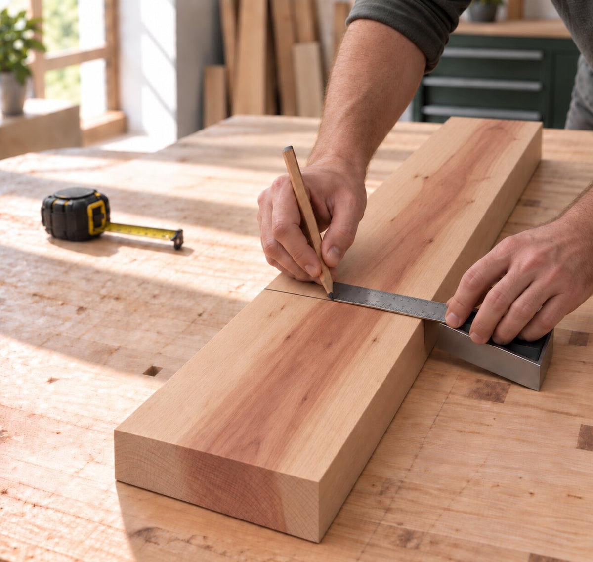 Solid red heart beech board being measured and marked for a woodworking project