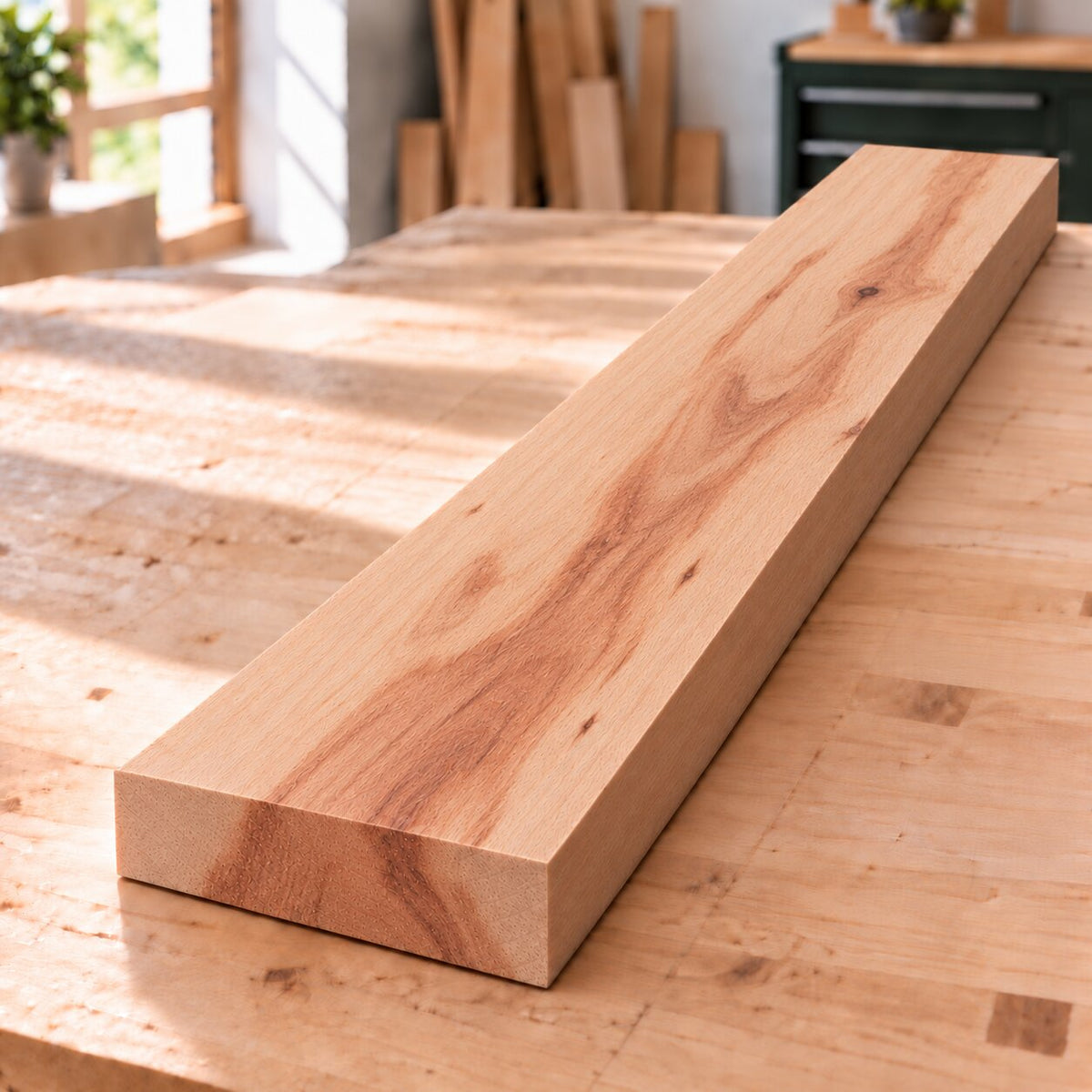 Planed solid red heart beech board with natural reddish-brown heartwood variation