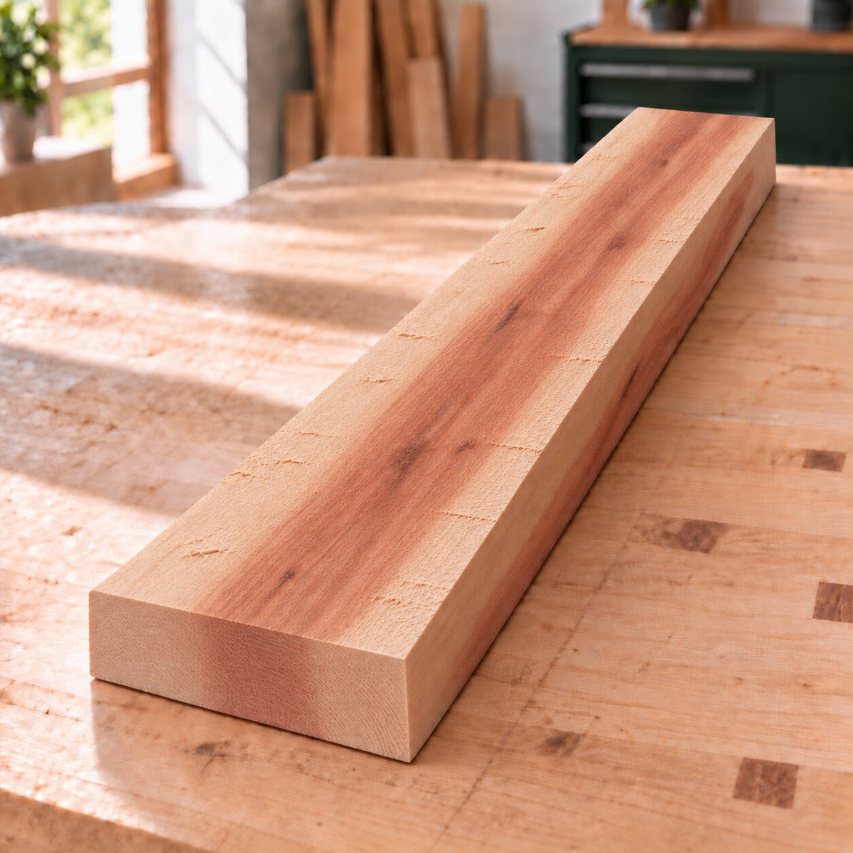 Rough-sawn solid red heart beech board with natural heartwood variation
