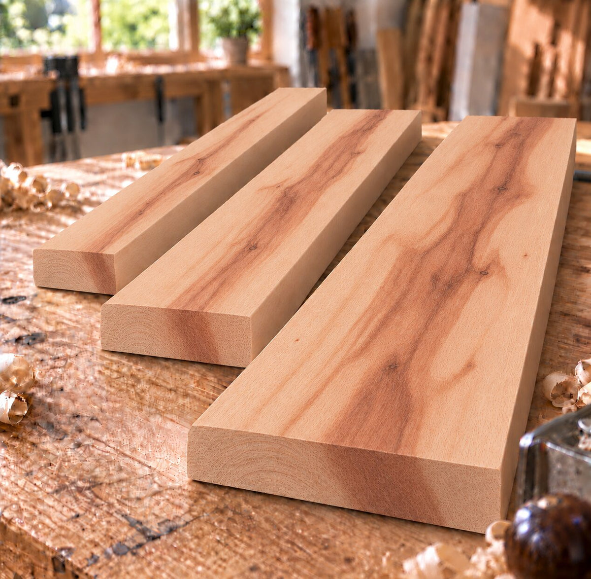 Solid red heart beech boards in three different widths on a woodworking bench