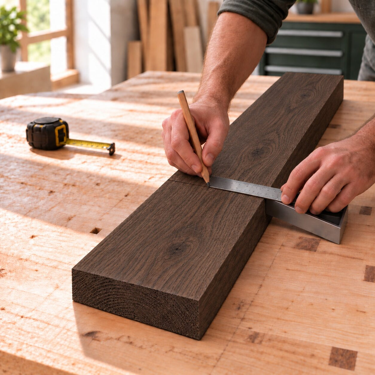 Solid smoked oak board being measured and marked for a woodworking project